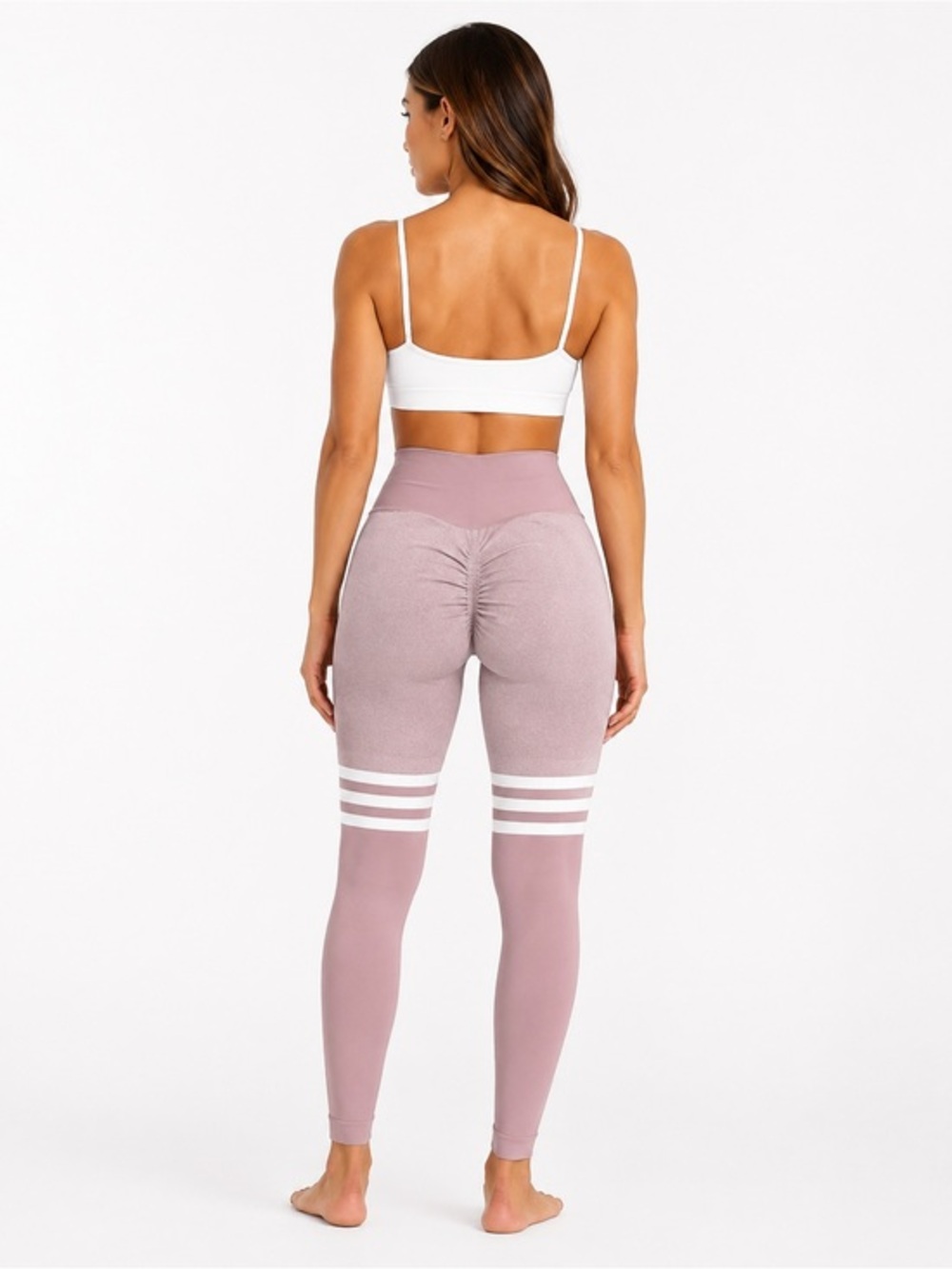 High-Rise Mauve Scrunch Leggings with White Stripes